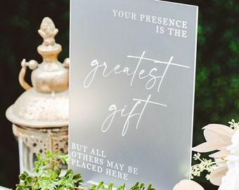 Your Presence Is Our Greatest Gift, Any Other Gifts Can Be Left Here Clear Or Frosted Acrylic Wedding Sign, Cards Lucite Perspex Table,