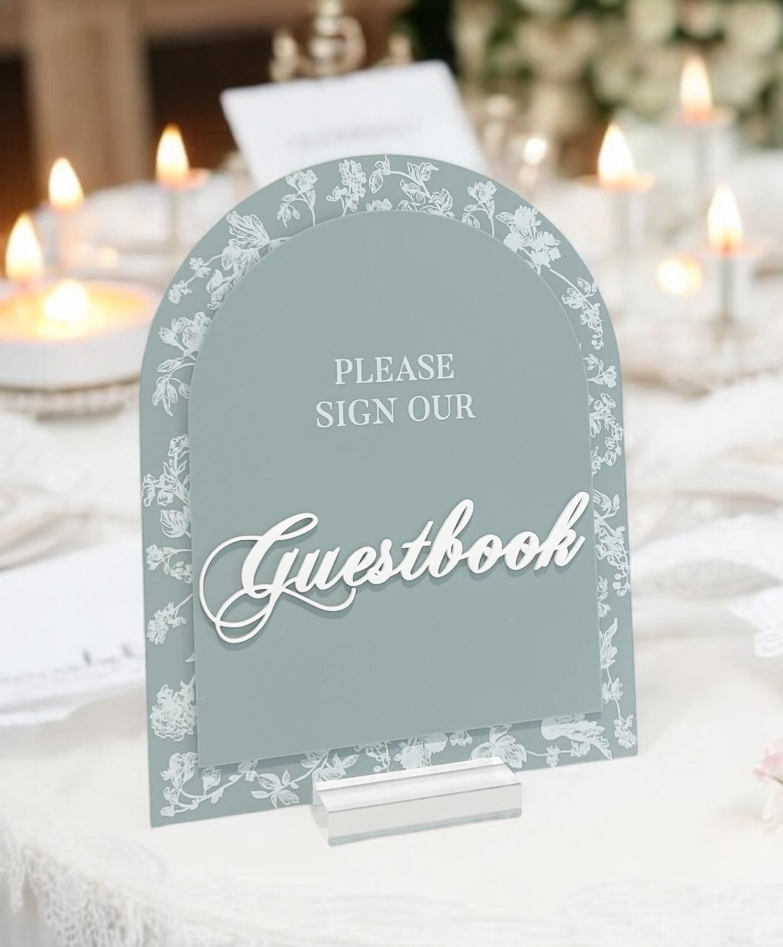 3D ARCH Please Sign Our Guestbook Blue Toile Floral Chinoiserie Bridal Shower or Wedding Reception Sign, Luxury Elegant French Blue