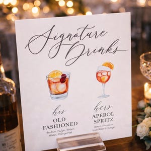 Bar Menu Signature Cocktails Custom Clear Glass Look Acrylic Wedding Sign With Stand, His Her Drinks Lucite Perspex Bar Table Sign