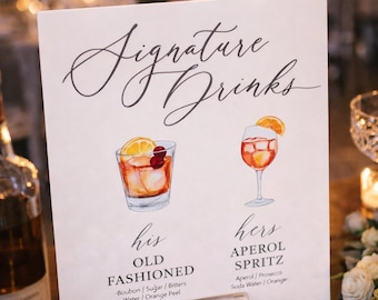 Bar Menu Signature Cocktails Custom Clear Glass Look Acrylic Wedding Sign With Stand, His Her Drinks Lucite Perspex Bar Table Sign