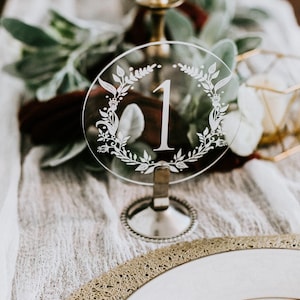 ROUND Acrylic Table Number Sign With Stands, Clear Glass Look Perspex Modern Calligraphy Numbers Lucite Minimalist Seating, Script only