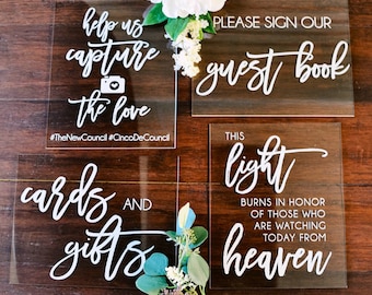 8X10 Sign Bundle of Guestbook, Gifts and Cards, In Loving Memory, Please Take One Favors Clear Glass Acrylic Modern Calligraphy Wedding Sign