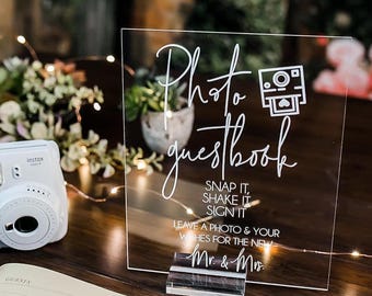 Photo Guestbook Snap It Stick It Sign It Clear Glass Look Acrylic Wedding Sign, Photo Booth Station Guest Book Lucite Table Sign