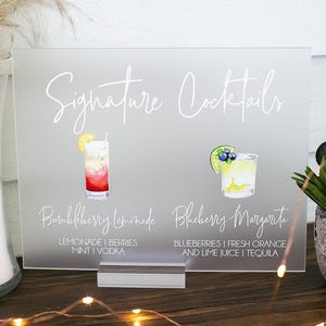 Bar Menu Signature Cocktails Custom Clear Glass Look Acrylic Wedding Sign With Stand, His Her Drinks Lucite Perspex Bar Table Sign