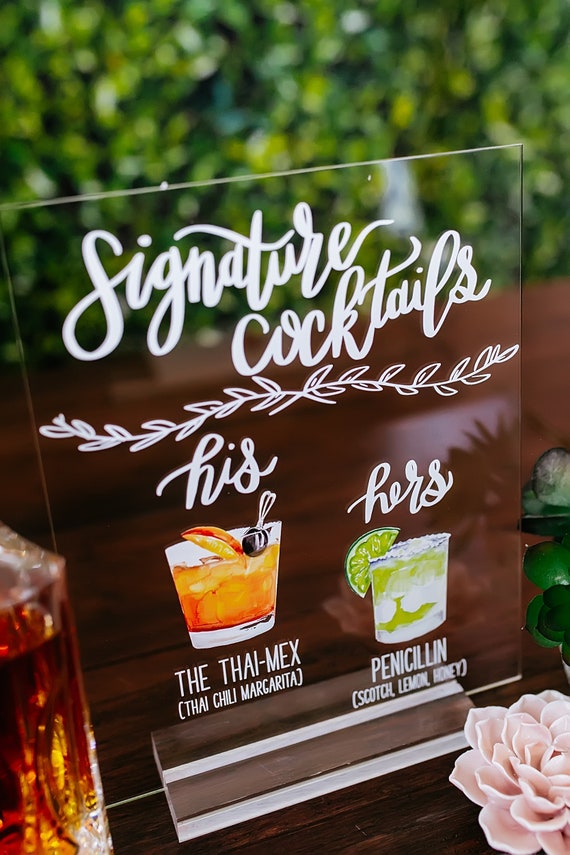 Bar Menu Signature Cocktails Custom Clear Glass Look Acrylic Wedding Sign  With Stand, His Her Drinks Lucite Perspex Bar Table Sign 