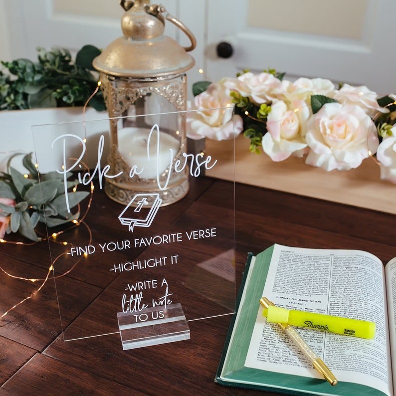 Pick Or Highlight Your Favorite Bible Verse Guestbook Clear Glass Look Acrylic Wedding Sign, Guest Book Plexiglass Perspex Lucite Table Sign image 5