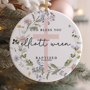 Baby Girl Baptism, Girl Baptism Ceramic Round Ornament Present Idea for Baby Girl Baptism, with Ribbon + Gift Box