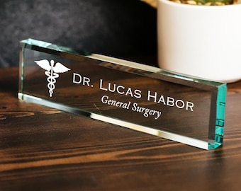 Physician MD Doctor Caduceus Glass Office Name Plate, PA Surgeon Nameplate, Medical Practitioner Appreciation Gift, Med School Graduation