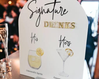 ARCH 3D Mirror Gold Foil Signature Drinks Menu Custom Minimalist Acrylic Wedding Sign, His Her Bride Groom Cocktails Signage