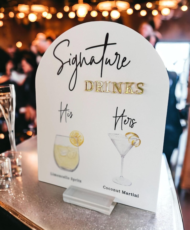 ARCH 3D Mirror Gold Foil Signature Drinks Menu Custom Minimalist Acrylic Wedding Sign, His Her Bride Groom Cocktails Signage