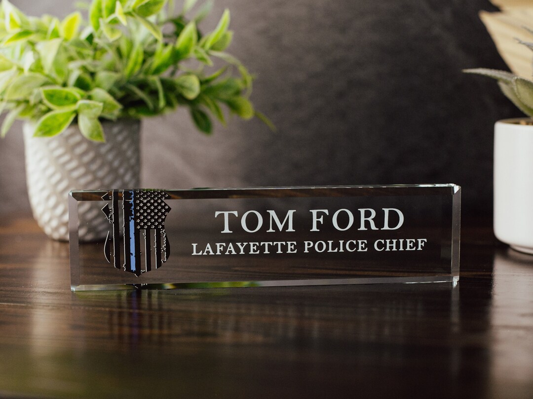 Police Officer Glass Office Desk Name Plate, Clear Chief of Police
