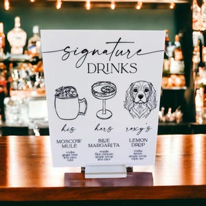 BEST SELLER Signature Drinks Hand Drawn Pet Wedding Sign for Bar, Cocktails Sign with Dog, Party Sign with Pet His and Hers Bar Menu