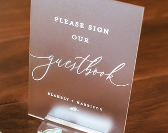 Please Sign Our Guestbook Modern Minimalist Clear Glass Look Acrylic Wedding Sign, Guest Book Lucite Perspex Table Sign