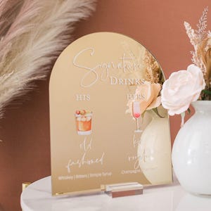 ARCH Gold Mirror Bar Menu Signature Cocktails Custom Acrylic Wedding Sign With Stand, His Her Drinks Signage Lucite Perspex