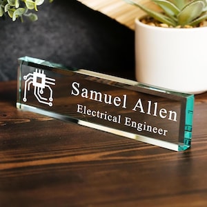 Engineer- CHOOSE your icon - Glass Office Desk Name Plate, mechanical, civil, electrical, industrial, software, chemical,  gift ideas