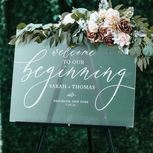 Frosted Clear or Black Glass Look Acrylic Welcome To Our Beginning Ceremony or Wedding Welcome Sign, 18x24 Personalized Lucite Plexiglass