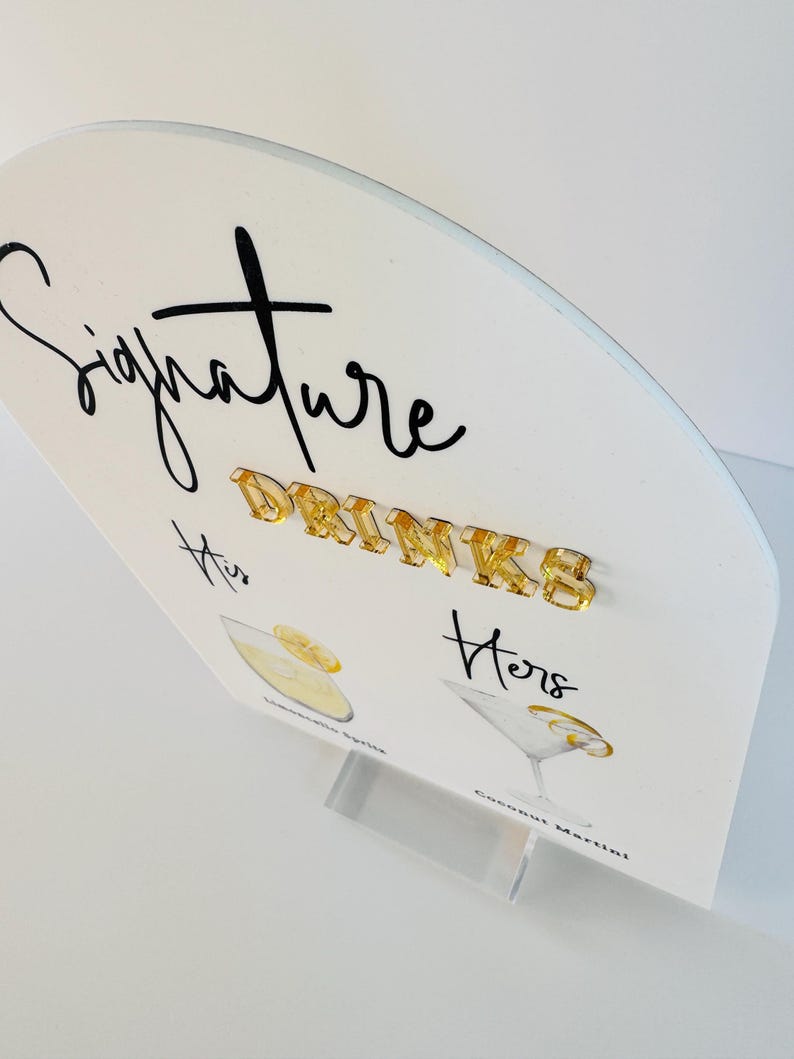ARCH 3D Mirror Gold Foil Signature Drinks Menu Custom Minimalist Acrylic Wedding Sign, His Her Bride Groom Cocktails Signage