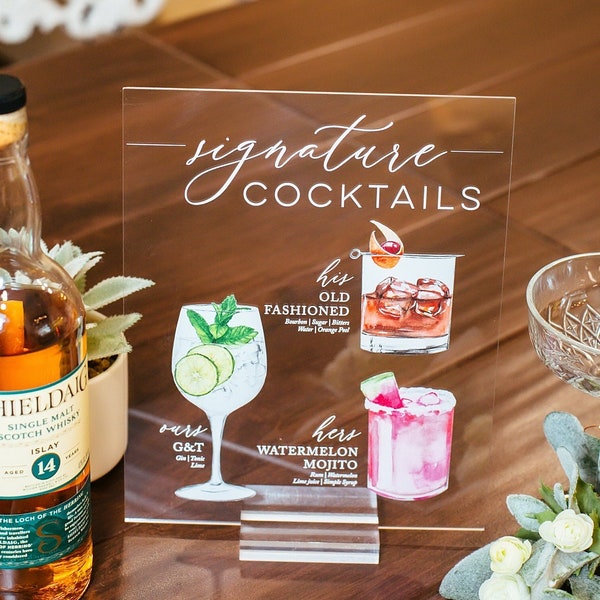 Bar Menu Signature Cocktails Custom Clear Glass Look Acrylic Wedding Sign With Stand, His Her Drinks Lucite Perspex Bar Table Sign