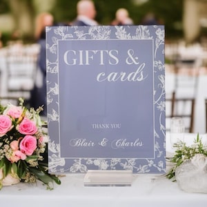 Toile French Cards And Gifts Chinoiserie Acrylic Wedding Sign With Names, Elegant Bridal Shower, Baby Shower or Birthday Gift Table Signage