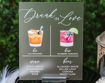 Drunk In Love Bar Menu Signature Cocktails Custom Clear Glass Look Acrylic Wedding Sign + Stand, His Her Drinks Lucite Perspex Table Signs