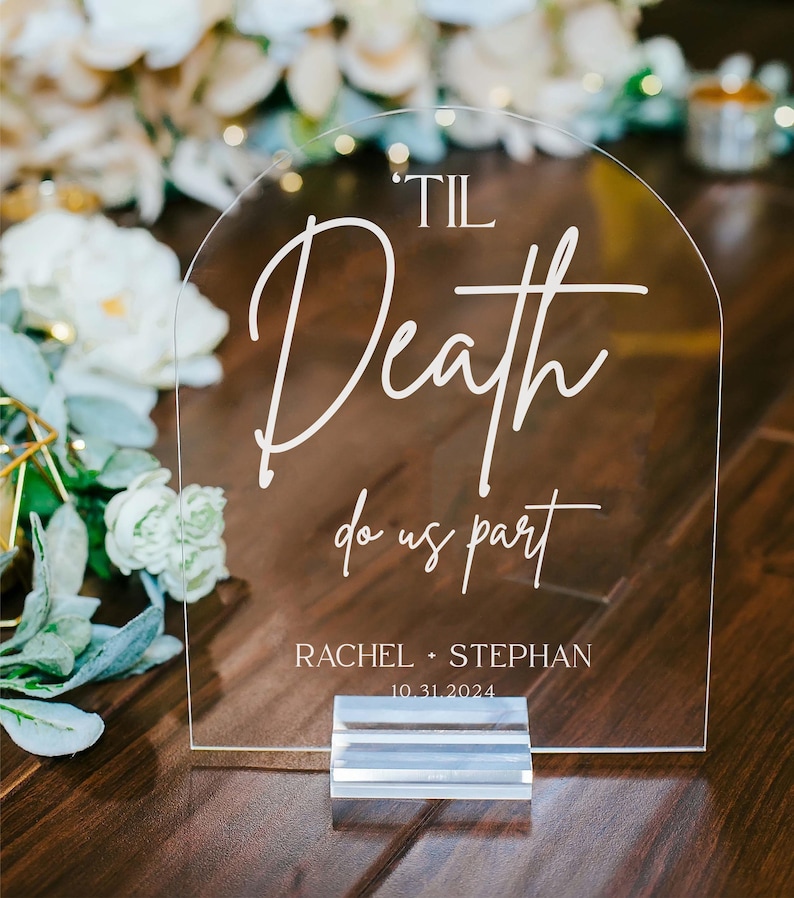 Til Death Do Us Part Wedding Gothic Moody Acrylic Sign, Personalized Names Halloween Themed Gothic Black Wedding Centerpiece Decor