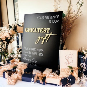 3D Mirror Your Presence Is Our Greatest Gift, Any Other Gifts Can Be Left Here Acrylic Wedding Sign, Cards Perspex Table Gift Table Signage