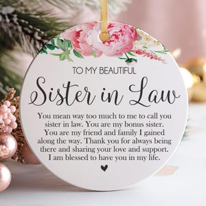 Beautiful Sister In Law Christmas Gift Idea Ceramic Round Ornament, 3" Circle, From In Laws, BFF, Soul Sisters + Gift box, Bonus Sister