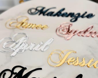 Custom Laser Cut Wedding Name Place Card Cut Outs, Gold, Silver Personalized Event Party Table Setting Guest Name Cutout, 2 inches in height