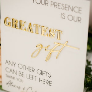 3D Mirror Your Presence Is Our Greatest Gift, Any Other Gifts Can Be Left Here Acrylic Wedding Sign, Cards Perspex Table Gift Table Signage