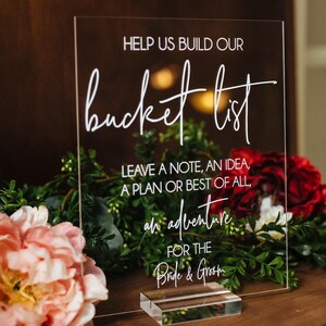 Help Us Make a Bucket List Adventure Clear Glass Look Acrylic Wedding Sign, 8x10 Bucket List Lucite Table Sign