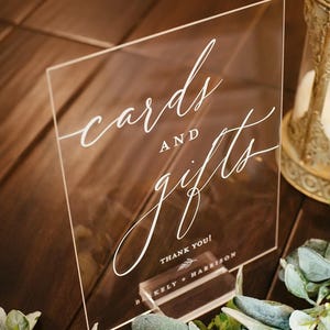 Cards And Gifts Modern Minimalist Clear Glass Look Acrylic Wedding Sign With Names, Lucite Perspex Table Sign
