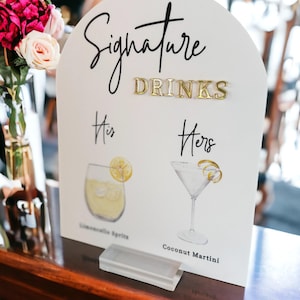 ARCH 3D Mirror Gold Foil Signature Drinks Menu Custom Minimalist Acrylic Wedding Sign, His Her Bride Groom Cocktails Signage