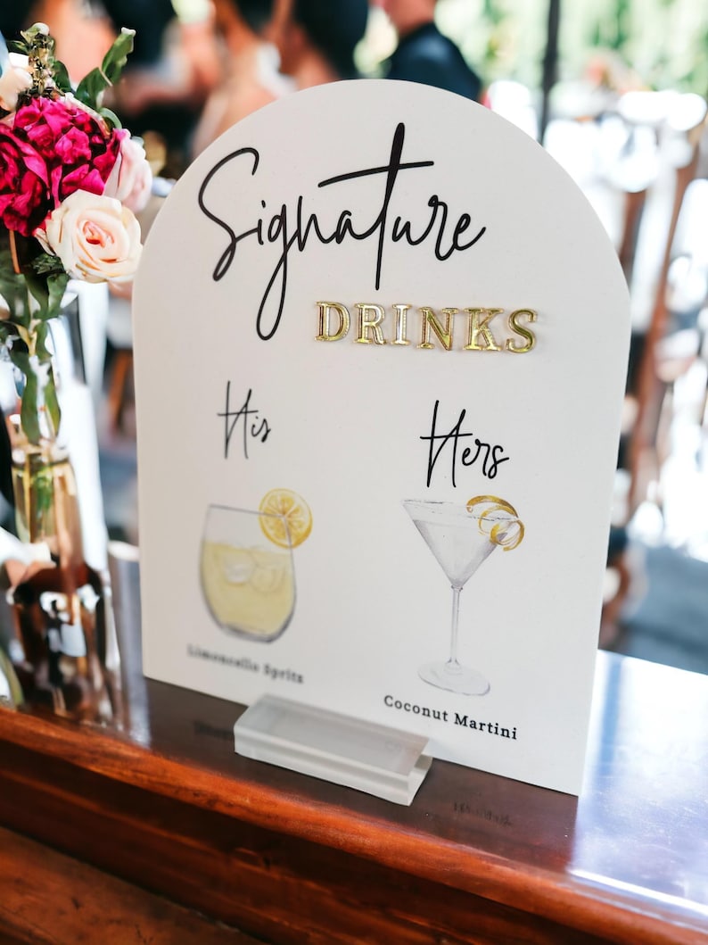 ARCH 3D Mirror Gold Foil Signature Drinks Menu Custom Minimalist Acrylic Wedding Sign, His Her Bride Groom Cocktails Signage