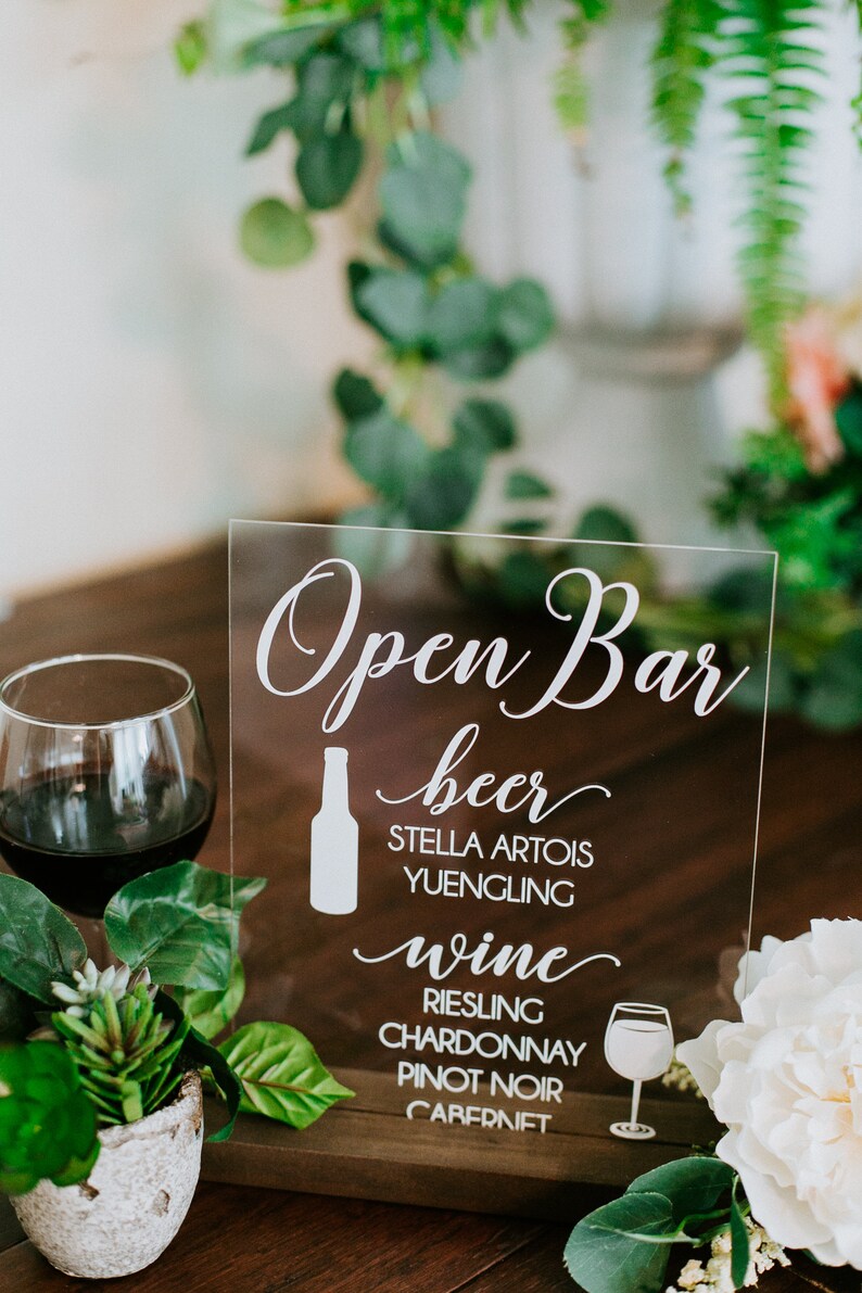 Open Bar Beer Wine Clear Glass Look Acrylic Wedding Sign 8x10 - Etsy