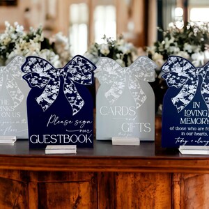 Custom Bow Toile Wedding Specialty Acrylic Sign Bundle of Guestbook, Gifts and Cards, In Loving Memory Favors Open Bar Signage Set
