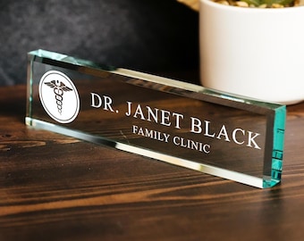 Physician MD Doctor Glass Office Desk Name Plate, Clear PA Surgeon Nameplate, Medical Practitioner Appreciation Gift, Med School Graduation