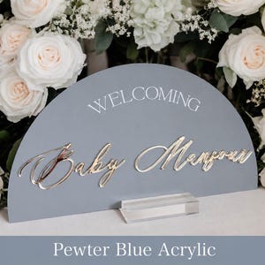 3D Mirrored Acrylic Arch Baby Shower Welcoming Baby Sign, Laser Cut Newborn Party Signage, New Boy or Girl Dusty Blue or Rose Shower Decor