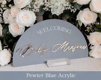 3D Mirrored Acrylic Arch Baby Shower Welcoming Baby Sign, Laser Cut Newborn Party Signage, New Boy or Girl Dusty Blue or Rose Shower Decor