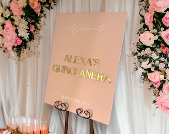 3D Quinceanera Acrylic Welcome Sign, Personalized Modern Laser Blush and  Gold  Signage, Quinceañera decorations
