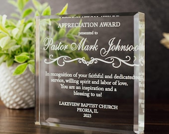 Pastor Appreciation Award Crystal Glass Plaque, for Employee Recognition, Pastoral Staff, Church Leader Trophy, Retirement Gift Plaque