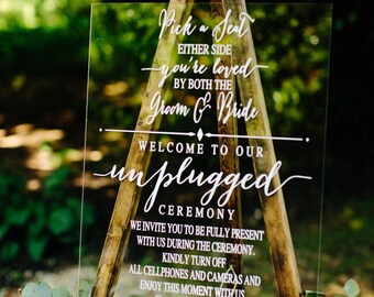 Pick a Seat Not a Side Unplugged Ceremony Combo Clear Glass Look Acrylic Wedding Sign, 18x24 Choose a Seat Either Side Modern Wedding