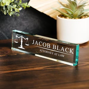 Attorney Glass Office Desk Name Plate, Clear JD Judge Nameplate, Lawyer Appreciation Gift, Juris Doctor Judge Law School Graduation