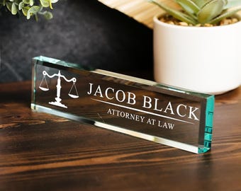 Attorney Glass Office Desk Name Plate, Clear JD Judge Nameplate, Lawyer Appreciation Gift, Juris Doctor Judge Law School Graduation