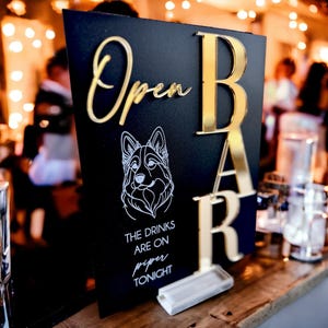 3D Handdrawn Pet Photo Drinks Are On Mirror Gold Open Bar Menu Signature Cocktails Custom Drawing Drinks Dog Bar Menu Acrylic Wedding Sign