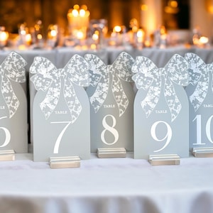 ARCH Dusty Blue Toile Bow Acrylic Table Number Signs, Perspex Lucite Modern Calligraphy Wedding Signs, French Chinoserie Victoria Regency