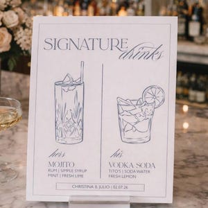 Hand Drawn Signature Drinks Cocktail Hour Bar Menu Acrylic Sign for Wedding Reception Event Party Planning Bride Groom Specialty Drink Sten