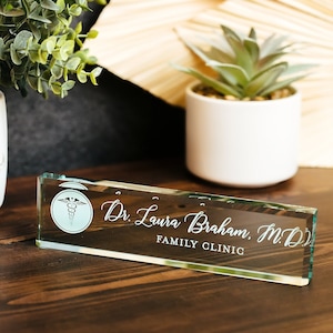 Physician MD Doctor Glass Office Desk Name Plate, Clear PA Surgeon Nameplate, Medical Practitioner Appreciation Gift, Med School Graduation image 2