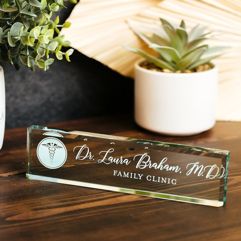 Physician MD Doctor Glass Office Desk Name Plate, Clear PA Surgeon Nameplate, Medical Practitioner Appreciation Gift, Med School Graduation image 2