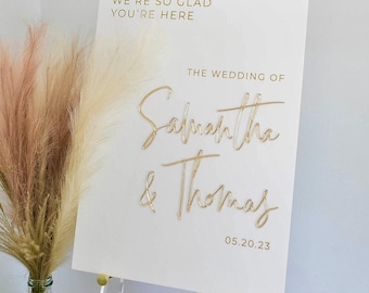 3D Gold Mirror Foil Wedding Acrylic Welcome Sign With Names + Date, Personalized Modern Minimalist Laser Frosted Gold Signage