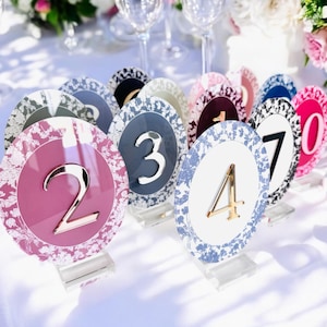 OVAL 3D French Toile Chinoiserie Acrylic Table Number | Dusty Blue, Blush, Sage | Elegant Reception Decor | Vintage-Inspired Event Display